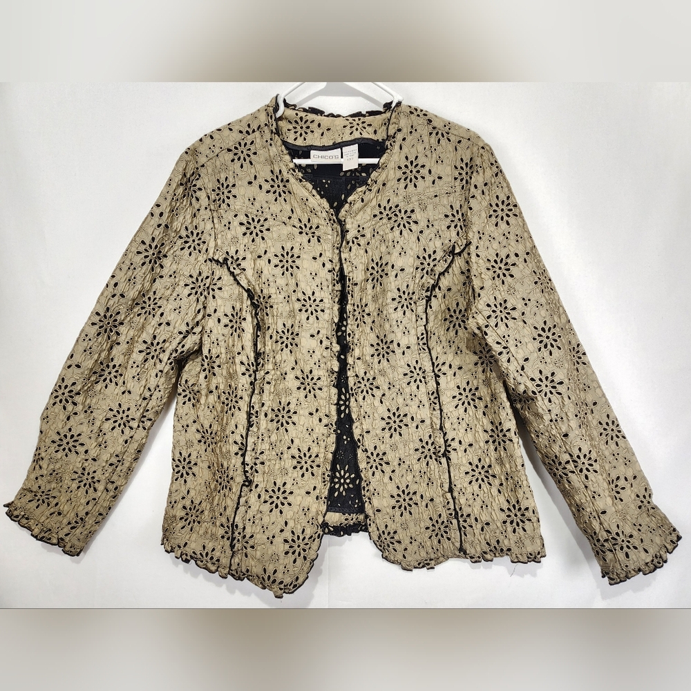 Chico's Women's Floral Design Olive Green Elegant Top Size XL (3)‎